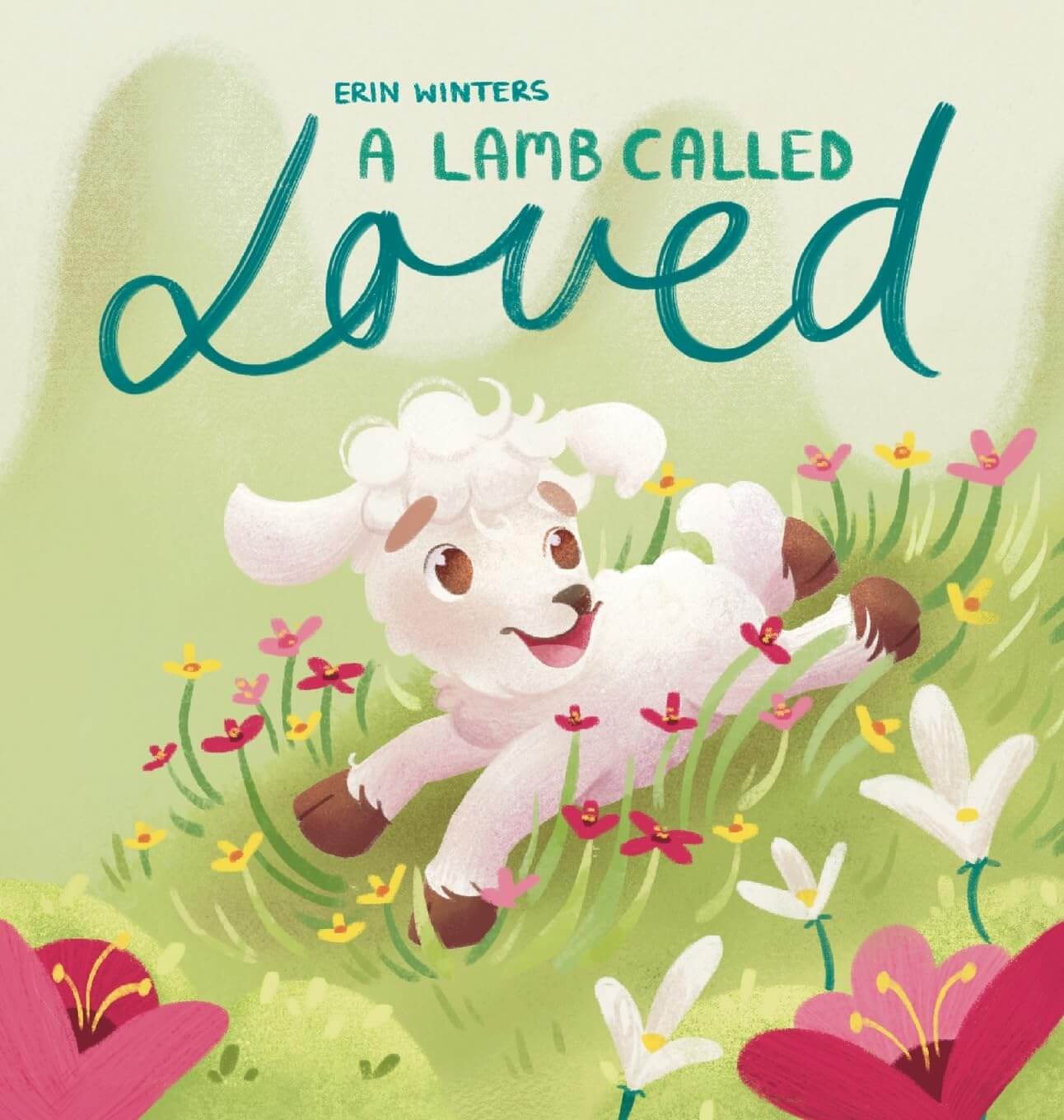 Cute happy lamb jumping in green field with flowers