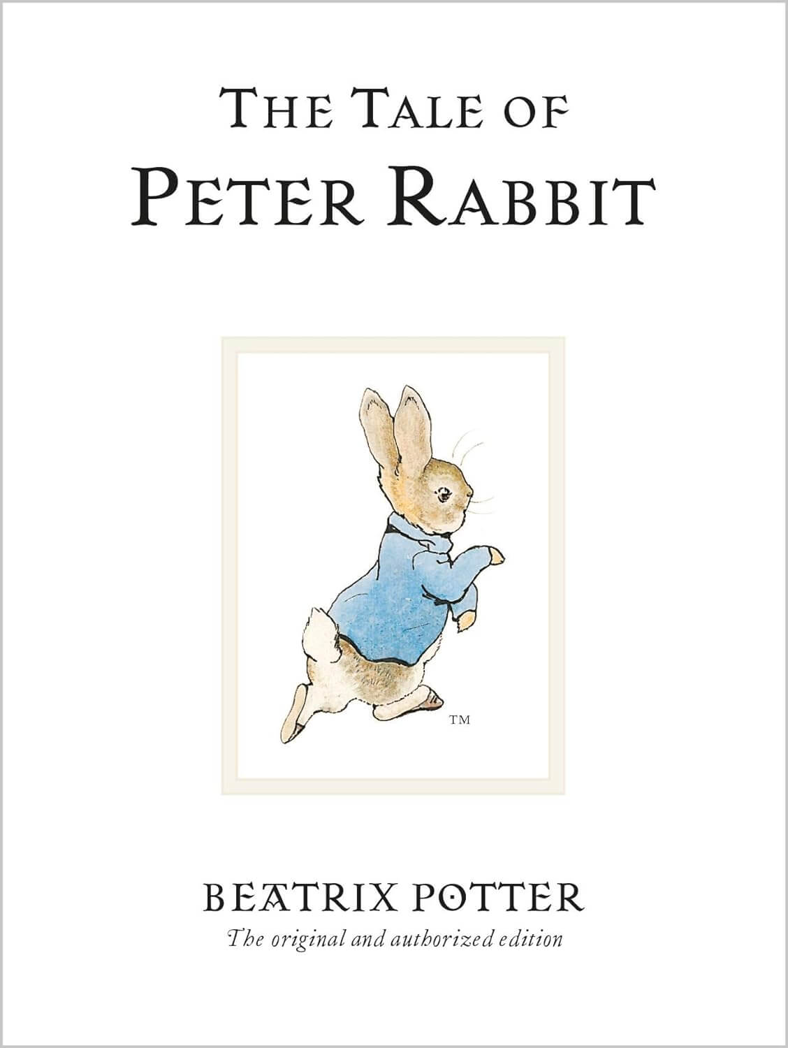 Tale of Peter Rabbit book cover featuring mostly white background and a rabbit wearing a blue jacket